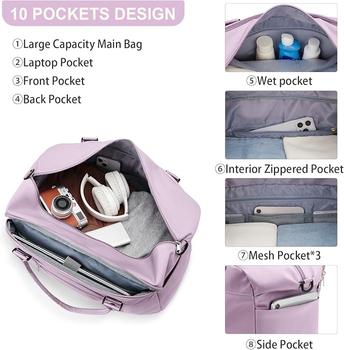 Travel Duffel Bag, Carry On Overnight Weekender Bags for Women | Travel Bag with Wet Pocket & Trolley Sleeve, For Spirit Airlines 18x14x8 Personal Item Bag - Image 4
