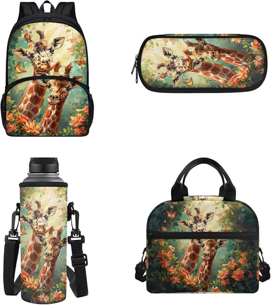 POLERO Cute Giraffe Backpacks for Girls Kids Backpack for School 4Pcs Bookbag Set with Lunch Box Pencil Case Water Bottle Holder by WelcometoPOLERO