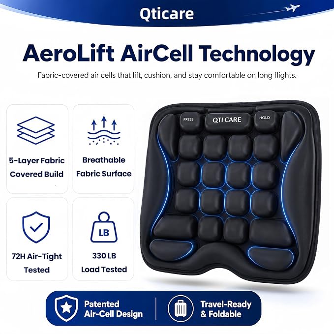 Airplane Seat Cushion, Air-Cell Travel Cushion for Long Flights, Inflatable Portable Seat Pad with Built-in Pump for Air Travel, Car, Office Chair and Wheelchair - Image 3