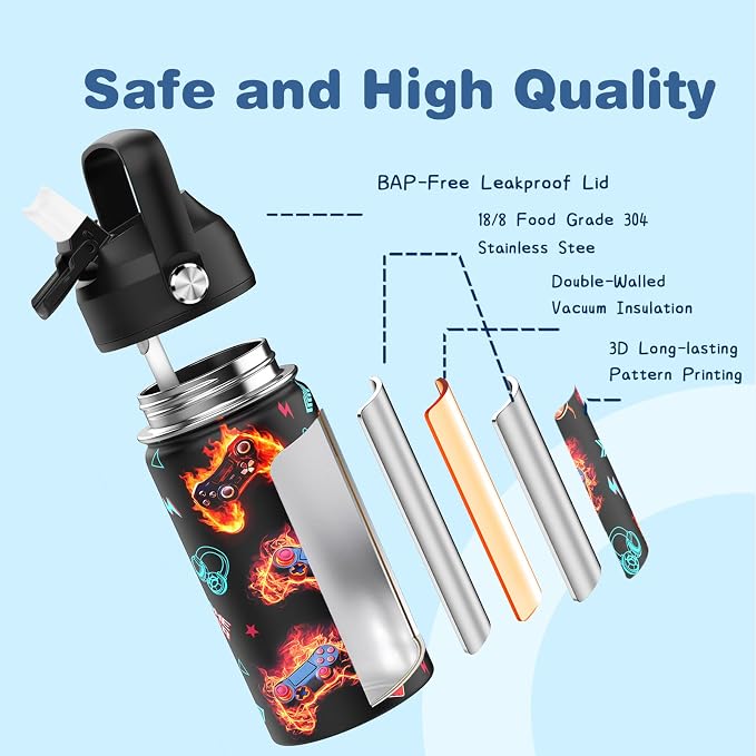 Bevalsa Kids Backpack for Boys with 14oz Insulated Bottle, Gamer Backpack School Bags for Kids & BPA-FREE Stainless Steel Metal Bottle for Elementary Middle School Student (Orange Flame) - Image 8