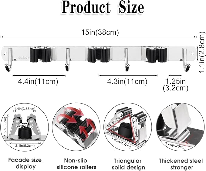 2 Pack 3 Racks and 4 Hooks Broom and Mop Holder Wall Mounted Garage Organizer Storage Tool Racks Stainless Steel Heavy Duty Hooks Self Adhesive Solid Non-slip Wall Hangers for Home Kitchen Garden - Image 3