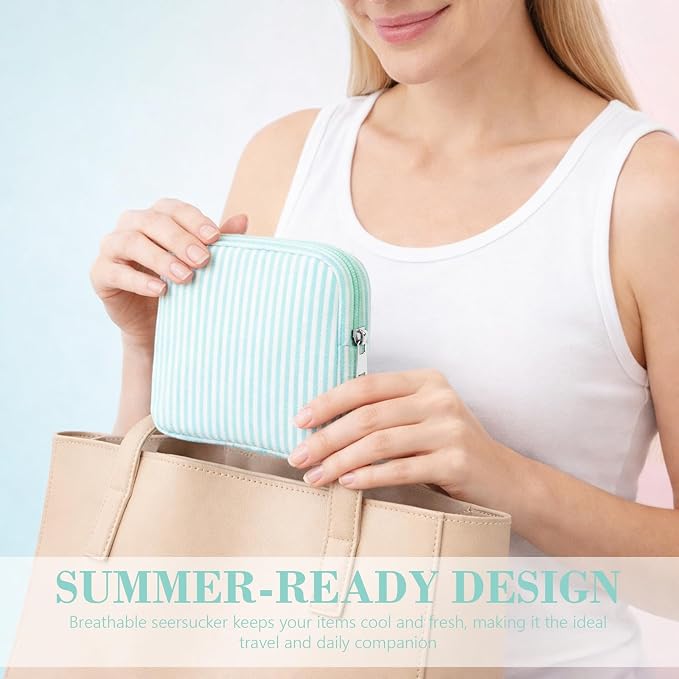 Giesiery 8 Pcs Seersucker Makeup Bags Striped Cosmetic Bags Bulk Organizer for Women Preppy Travel Toiletry Pouch for Wedding Bridesmaid Gifts (Lakeblue, Mini) - Image 4