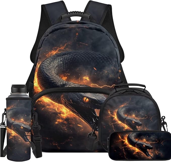 Elementary Boys Backpack with Lunch Box Flame Python Snake Bookbags for 5th Grade Kids with Large Capacity 17 Inch Backpack for Boys Portable Pencil Case Bottle Sleeve for Back to School by Unknown