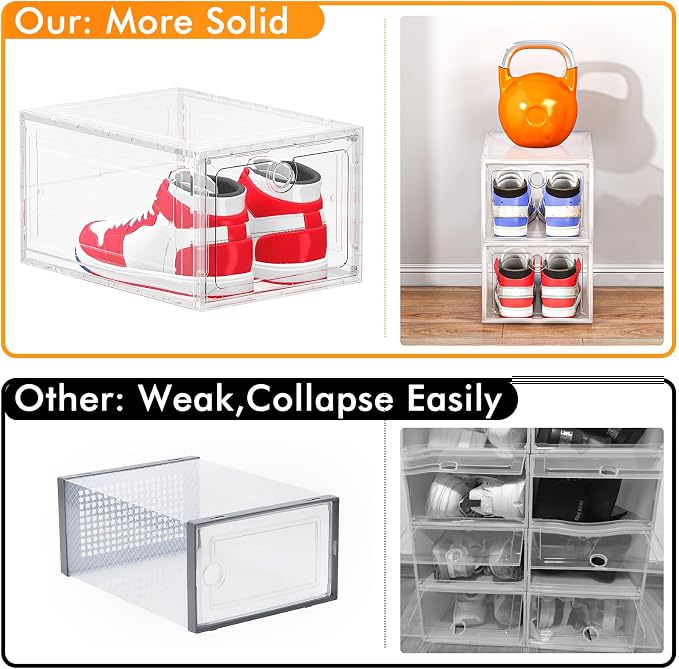 ARSTPEOE 6-Pack Clear Shoe Storage Boxes Magnetic Stackable | Upgraded Harder Material, Stackable Space-saving, Fits Sneakers & Boots, Clear Magnetic Front Door - Image 4
