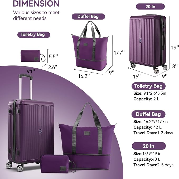Hoteel 20 Inch Luggage Set 3 Piece, Hardside Carry On Suitcase with TSA Lock and Spinner Wheels, Includes Expandable Duffel Bag and Toiletry Bag, Lightweight ABS+PC, Purple - Image 2