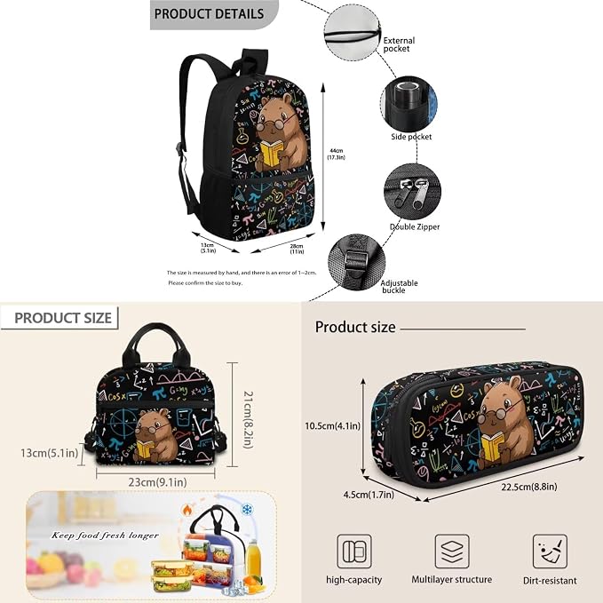 Capybara and Books 3 Pieces Kids Backpack Set Girls Boys Bookbag with Lunch Bag and Pencil Case School Bags for Elementary Primary Student - Image 7