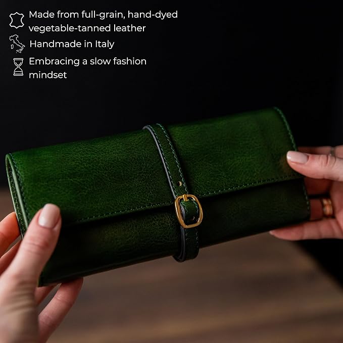 Time Resistance Leather Jewelry Roll - Full Grain Leather Travel Jewelry Case - Jewellery Organizer Made in Italy (Green) - Image 4