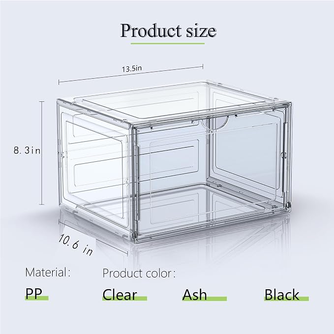 8 Pack XL Shoe Storage Box Organizer,Drop Side Large Shoe Boxes Clear Plastic Stackable Container,Magnetic Sneaker Display Case, Fit up to US 13（13.4”x 10.6”x 8.3”(8 Pack Black) - Image 4