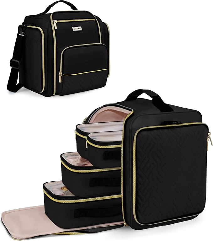 BAFAMYE Large Travel Makeup Bag - Cosmetic Organizer with 4 Removable Inner Pockets, Multi-functional Toiletry Bag for Accessories & Brushes, Women's Beauty Case, Black by BAFAMYE