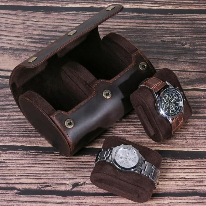 Genuine Leather Watch Roll Travel Case,2 Slots Vintage Full Grain Leather Watch Box with Pillow for Men,Watch Storage Organizer for Home Storage, Gifts - Image 6