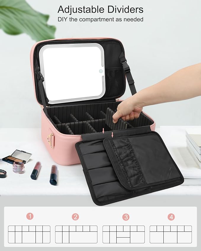 Chomeiu Makeup Bag with LED Mirror, Large Travel Cosmetic Train Case for Women, Makeup Artists Large Organizer Box with Vanity Light Up Mirror, 3 Color Lights, Adjustable Dividers (Pink) - Image 4