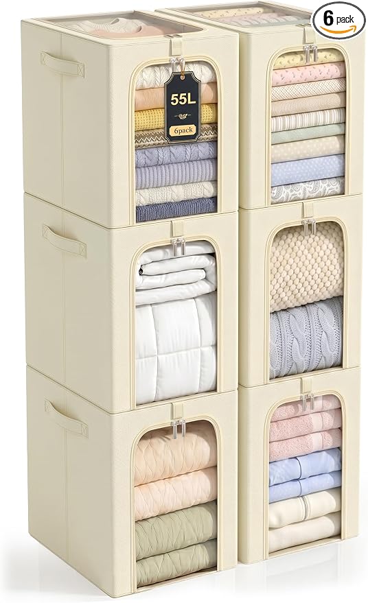 GoMaihe Clothes Storage Bins with Metal Frame, 55L Blanket Storage Boxes for Above Shelf Closet, 6 Pack Stackable Clothing Storage Organizer with Clear Window for Bedding Sweaters Comforters – Beige by GoMaihe