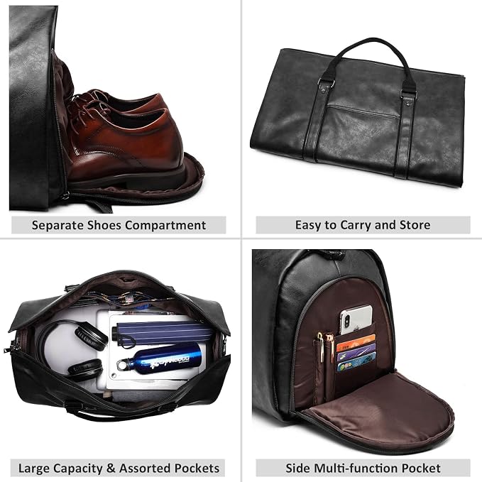 Carry on Garment Bags for Travel Leather Garment Duffle Bag Convertible Mens Suit Travel Bags with Shoe Compartment,Waterproof,Perfect for Business Travel/Husband Gifts (Black) - Image 7
