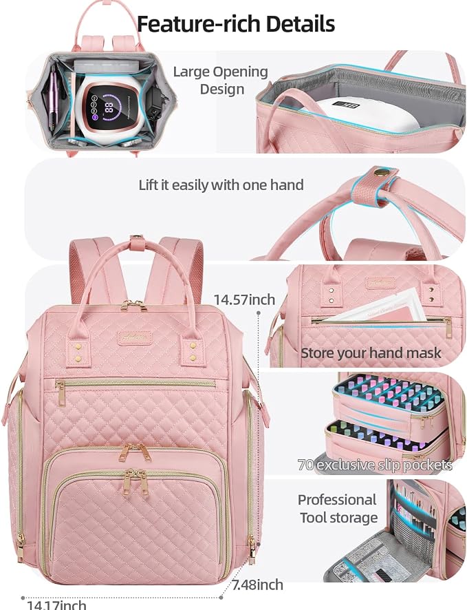 Large Nail Polish Organizer Bag Backpack Holds 70+ Bottles(15ml/0.5 fl.oz) UV Nail Lamp,Nail Organizers and Storage with 2 Removable Pouches Fits Nail Tool,Gift for Manicurist，Pink - Image 4