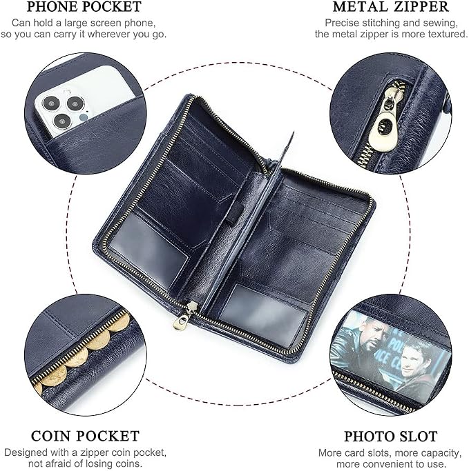 CONTACTS Passport Wallet Leather Family Passport Holder for 4 Travel Documents Organizer RFID Blocking Zipper Blue Card Wallet with 13 Card Slot - Image 4