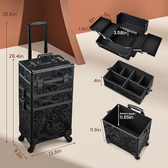 FRENESSA 3 in 1 Rolling Makeup Case Cosmetology Case on Wheels Alpine Black | Cosmetic Trolley Large Storage with Keys 360° Swivel Salon Barber Case Traveling Cart Trunk for Artist Hairstylists Nail Tech - Image 4