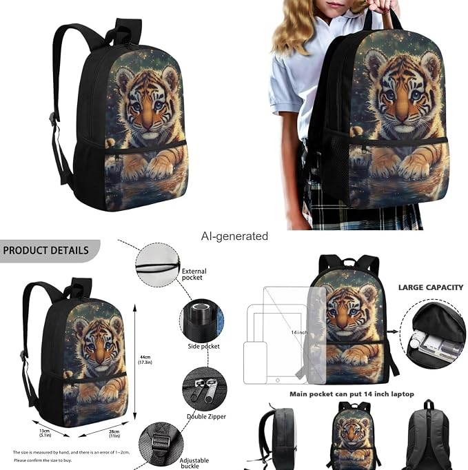 Cute Tiger Backpack for Girls Boys Backpack with Lunch Box Water Bottle Holder with Strap and Soft Pencil Case 4PCS Set Bookbag with Front Pocket 17" Lightweight Elementary School Bag for Kids - Image 3