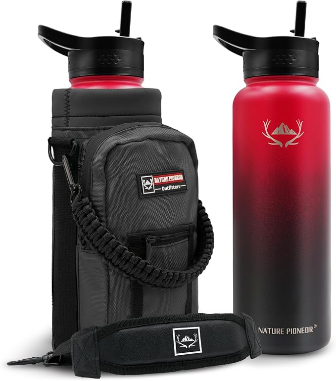 NATURE PIONEOR 40 oz Insulated Water Bottle with Carrier Bag & 3 Lids | 18/8 Food-grade Stainless Steel, Double Vacuum Insulation, 3 Leak-proof Lids, Strap, Camping, Hiking, Gym, Work by NATUREPIONEOR