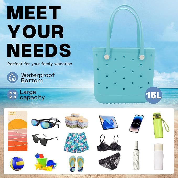 X-Large Waterproof Sandproof Rubber Beach Tote Bag with Zipper Pocket and Phone Kickstand Cup - Image 6