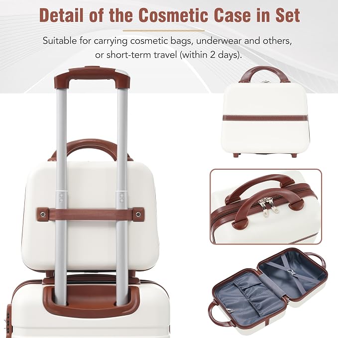Merax Luggage Set, 2 Piece Luggage with Cosmetic Case, Vintage Hardcase Suitcase with Wheels, Expandable Luggage Airline Approved(White,20"+24") - Image 7