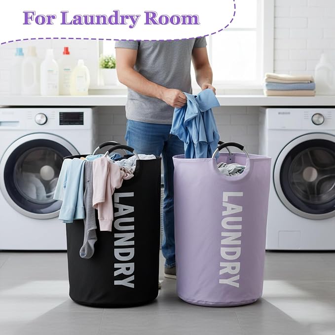 2 Pack 125L Laundry Hamper, Large Laundry Basket with Padded Handles, 600D Oxford Cloth Tall Clothes Hamper, Storage Basket for Clothes, Blankets, Pillows, Comforters, Black + Purple - Image 3