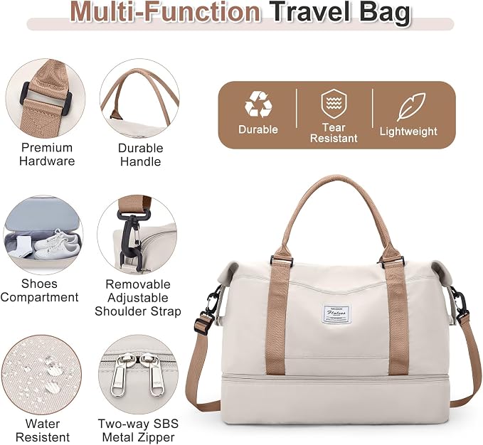 Weekender Bags for Women, Travel Duffel Bags with Shoe Compartment & Wet Pocket,Travel Bag for Airlines,Carry on Overnight Tote Bag for women with Toiletry Bag,3Pcs Set，Beige & Brown - Image 5