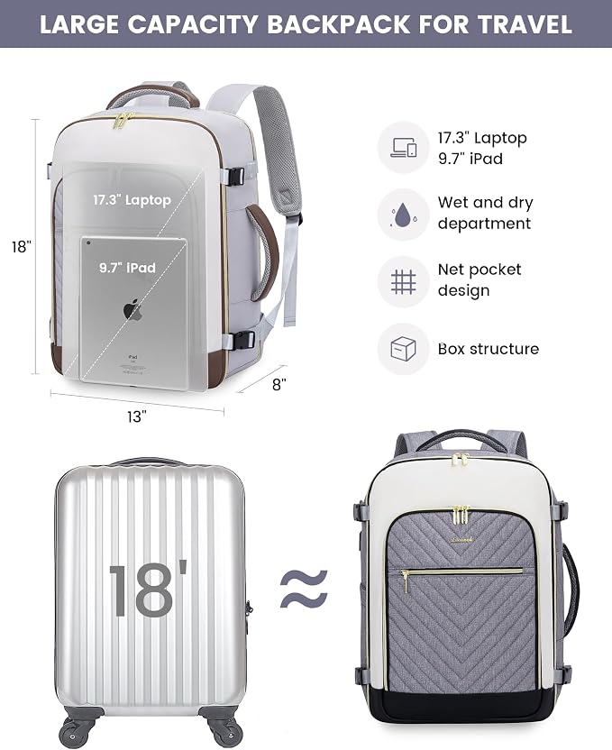 LOVEVOOK Large Travel Backpack for Women, TSA Carry on Backpack for Airplanes, 40L Personal Item Travel Bag for Women fits 17" Laptop,Waterproof Carry on Bag Airplane Approved with 3 Packing Cubes - Image 5