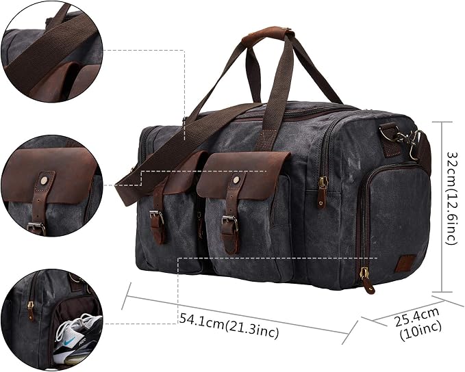 Waxed Canvas Duffel Bag with Shoe Compartment | Waxed Canvas Travel Bag for Men, Genuine Leather Trim, Shoe Compartment, Front Pockets, Weekend, Overnight and Carry-On Use - Image 2