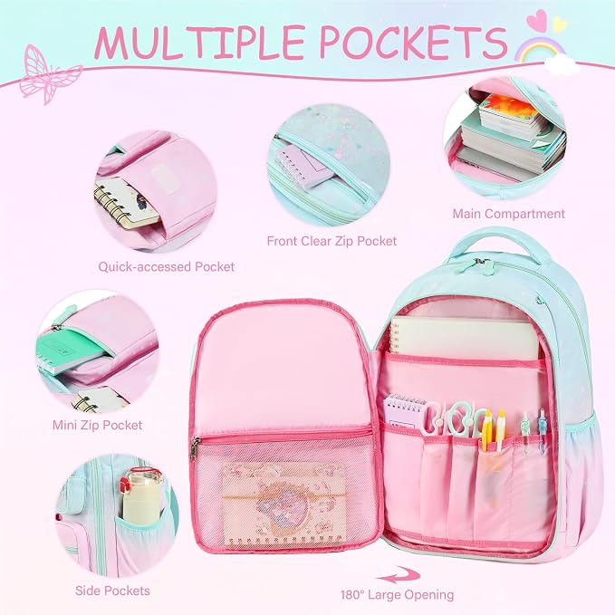 ACESAK Kids Backpack for Girls, Mermaid Backpack Set with Over-ear headphones, Lunch Bag Set for School, Girls Backpack for Elementary Middle school Teen Student(Pink Green) - Image 3