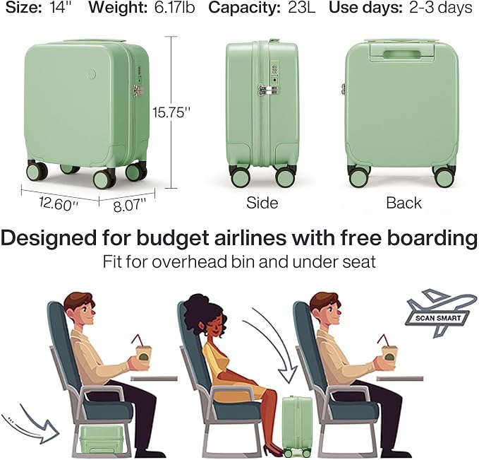 mixi 14 Inch Underseat Luggage Carry on Suitcase Free Boarding Personal Item Suitcases with Spinner Wheels Hardshell Lightweight PC for Short Travel, Avocado Green - Image 6