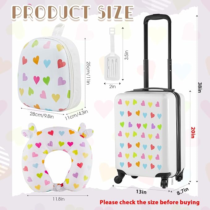 Sanwuta 4 Pcs Kids Luggage Set Back to School Gifts for Girls Boys Carry On Rolling Suitcase Backpack Neck Pillow Travel Set(20 Inch,Heart Style,White) - Image 2