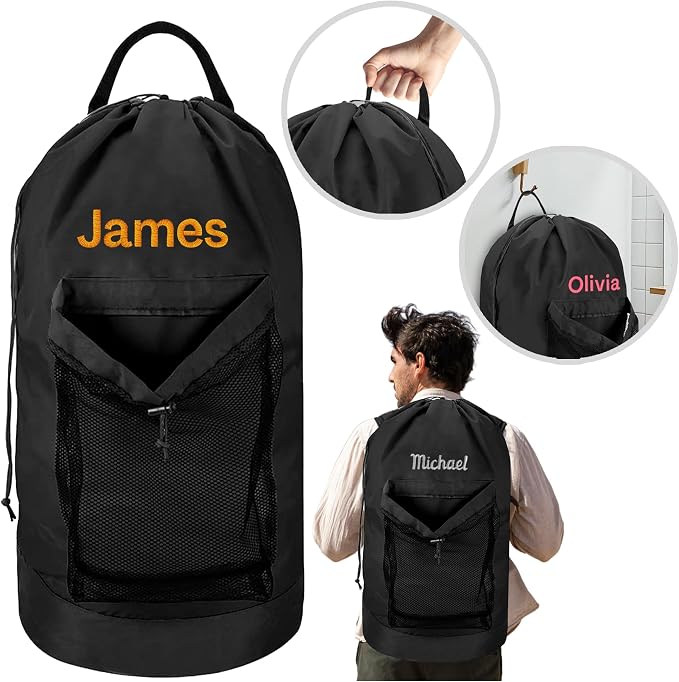 Personalized Travel Laundry Backpack, Embroidered Extra Large Laundry Bag For Travel with Shoulder Strap, Custom Heavy Duty Bag with Mesh Pocket for Delicates, Traveling and Camping - Image 2