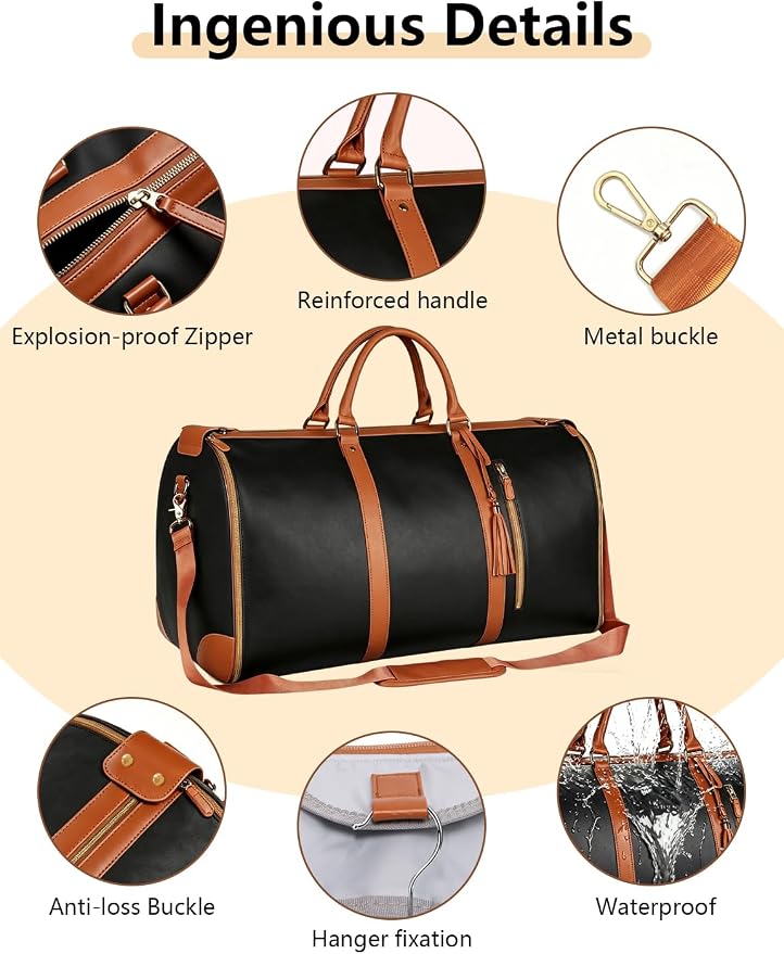 2 in 1 Convertible Garment Duffle Bags for Travel 45L Waterproof Carry on Duffle Bag for Men & Women with Shoe Lmproved Zipper and Reinforced Straps Suitable for Business & Weekend Trips Black - Image 5