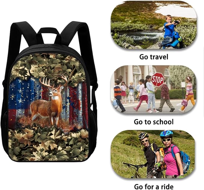 Camo Forest American Flag Deer Print Kids School Bookbag Set Patriotic Decor, Boys Girls Back to School Large Backpack Set, 3 Pcs Lightweight Schoolbag Set with Lunch Bag and Pen Bag - Image 3