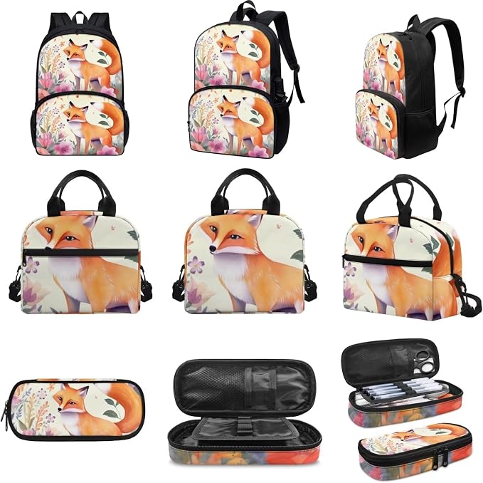 Cartoon Illustration Style Floral Fox Backpack with Lunch Box and Pencil Case Girls Comfy Padded Cute School Backpack Set of 3 Bookbag for Student Lightweight Large Capacity Daypack - Image 3