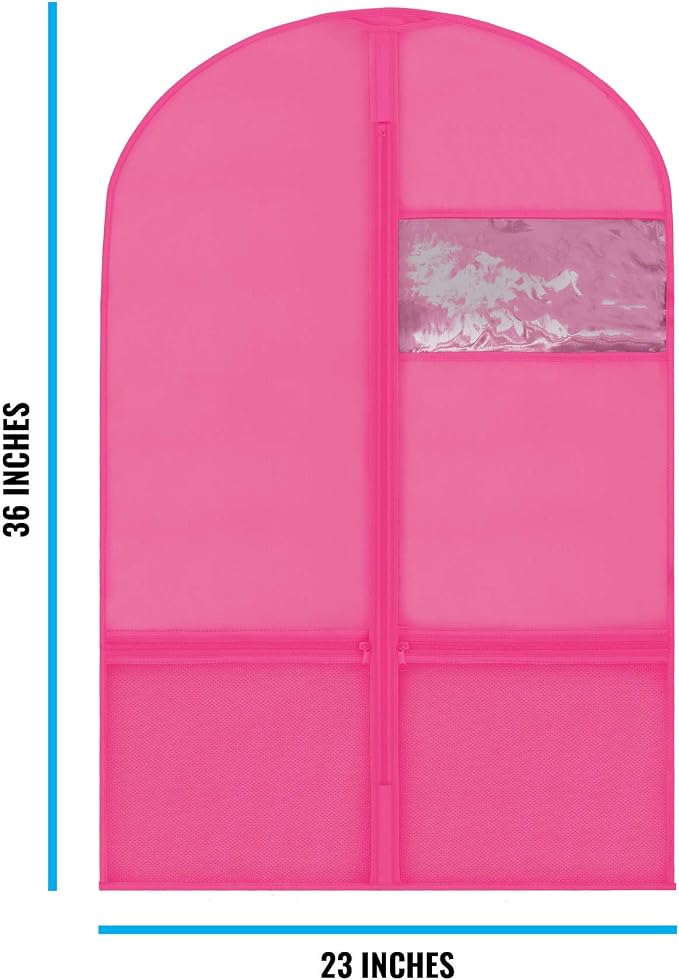 Plixio Garment Bags for Kids Dance Costumes with, Pink: 36" x 23" Window | Zippered Mesh Pockets for Shoes and Accessory Storage for Girls Dress, Recital Outfit with Zippered Mesh Pockets - Image 3