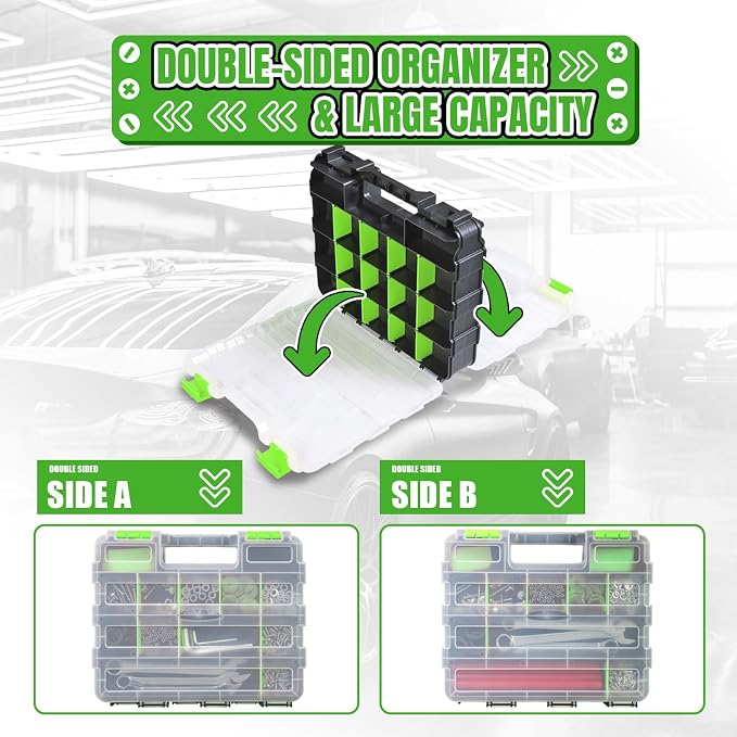 Jack Boss Tool Box with Transparent Lid, Double Side 34-Compartments Organizer Box with Removable Dividers for Hardware, Screws, Bolts, Nails, Beads, Jewelry and Fishing Accessories, Green, 1 Pack - Image 6
