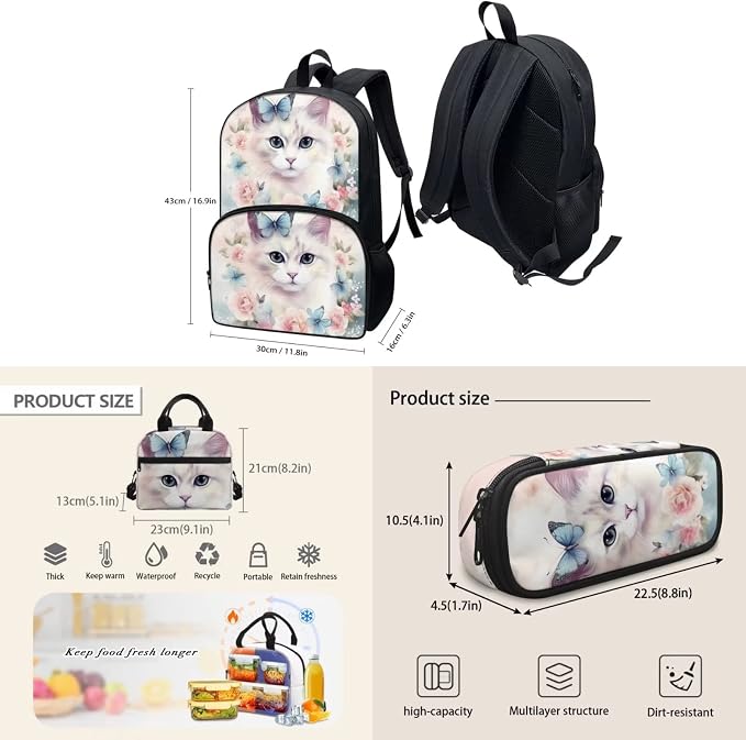 Butterfly Floral Cat Print Backpack Set for Girls Kids Lightweight Cute School Backpack with Lunch Box Pencil Case Adjustable Strap Padded Book Bag Insulated Lunch Bag - Image 4