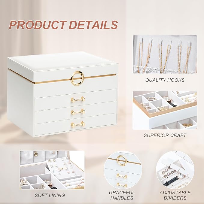 Jewelry Organizer Box, Women Jewelry Box White Jewelry Case 3-Layer with 3 Drawers, Jewelry Boxes for Women Jewelry Organizer, White - Image 3
