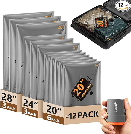 Travel Vacuum Bags with Cordless Electric Pump, 12 Combo Compression Packing Cubes for Clothing Clothes, Luggage Suitcase Organizer, Space Saver Vacation Cruise Travel Essentials by SUOCO