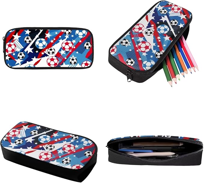 Patriotic Soccer Star Print Reusable School Bookbag Set for Teenage Girls, 4th of July Backpack Set with Insulated Lunch Shoulder Box and Pencil Case, Children's Knapasck Set, Blue - Image 7