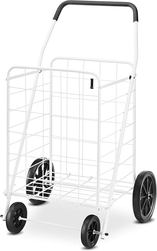 Whitmor Deluxe Utility Foldable Shopping Cart with Wheels, 100 Lb Capacity, Heavy Duty Grocery Cart with Steel Frame, Foam Handle, Rolling Folding Utility Trolley for Grocery, Laundry, Travel, White by Whitmor