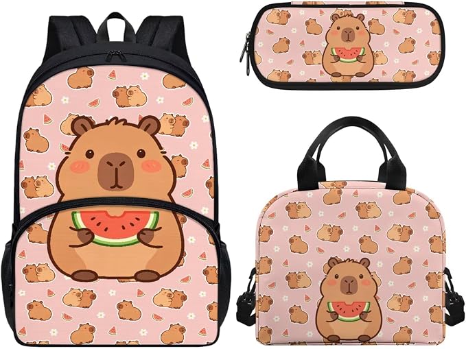 Capybara Watermelon 3Pcs Cute Backpacks Sets for Girls, Kids Backpack School Bookbags with Insulated Lunch Box Pencil Case for School Elementary Girl by CndexdWearfunPrintjoy