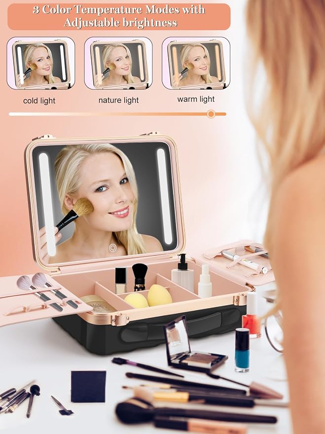 Kalolary Travel Makeup Train Cases with Lighted Mirror 3 Color Setting | Makeup Bag Cosmetic Case Organizer Adjustable Brightness Portable Makeup Storage Box For Makeup Brushes Accessories,Black - Image 2