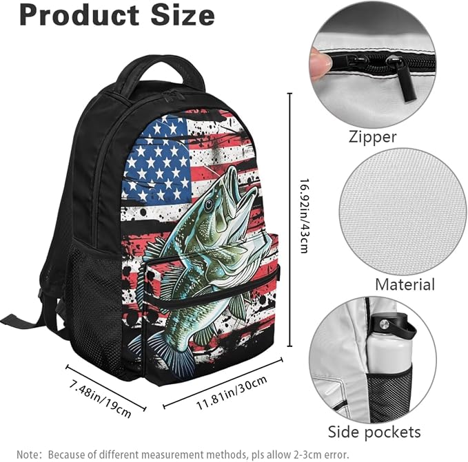 Patriotic Bass Fishing 4-Piece Kids School Backpack Set with Insulated Lunch Bag, Pencil Case & Charm, Lightweight American Flag Bookbag for Boys Elementary 1st 2nd 3rd 4th 5th Grade - Image 4