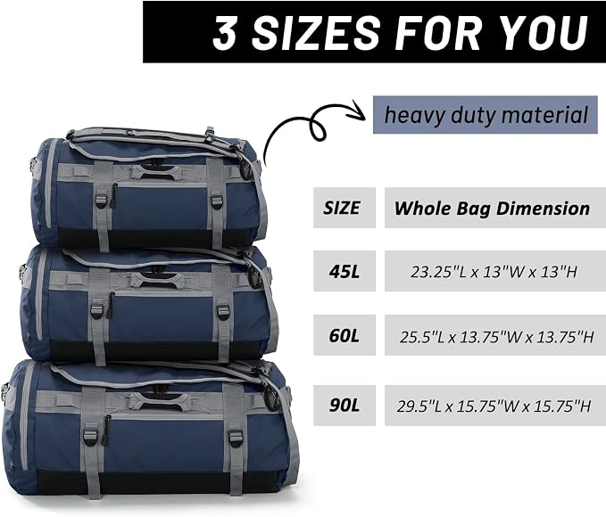 MIER Large Duffle Bag Backpack for Travel Camping Gym Sports, 45L/60L/90L | Water Resistant, Convertible Duffel, Detachable Backpack Straps, Shoe Compartment, Heavy-Duty Tarpaulin, 3 Sizes - Image 4