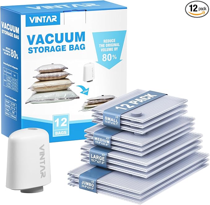 Vacuum Seal Bags for Clothing Travel with Rechargeable Cordless Pump, VINTAR 12 Pack Space Saver Vacuum Storage Bags(3J+3L+3M+3S), Compression Packing Bags for Luggage and Suitcase by VINTAR