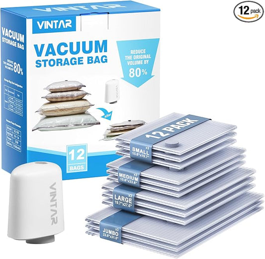 Vacuum Seal Bags for Clothing Travel with Rechargeable Cordless Pump, VINTAR 12 Pack Space Saver Vacuum Storage Bags(3J+3L+3M+3S), Compression Packing Bags for Luggage and Suitcase by VINTAR
