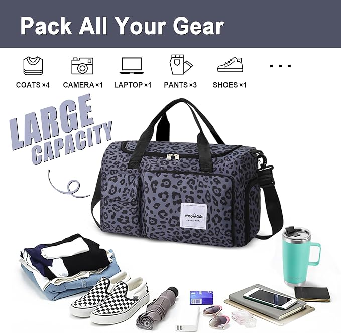 WOOMADA Foldable Travel Duffel Bag with Shoes Compartment, Overnight Bag with Wet Pocket & Trolley Sleeve, Weekender Bags for Women(B-black leopard) - Image 3