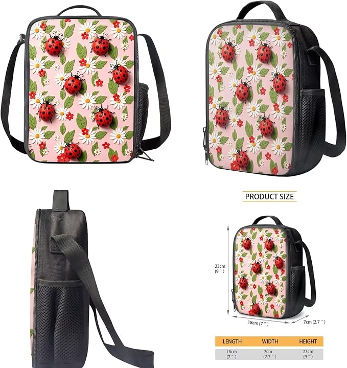Cute Ladybug Backpack with Lunch Box Kids Girls 6-7/7-8 Daisy Flower Primary School Bookbags for 2nd Grade Kids 17in Book Bag Lunchbox Pencil Case Water Bottle Holder 4PCS Set - Image 5